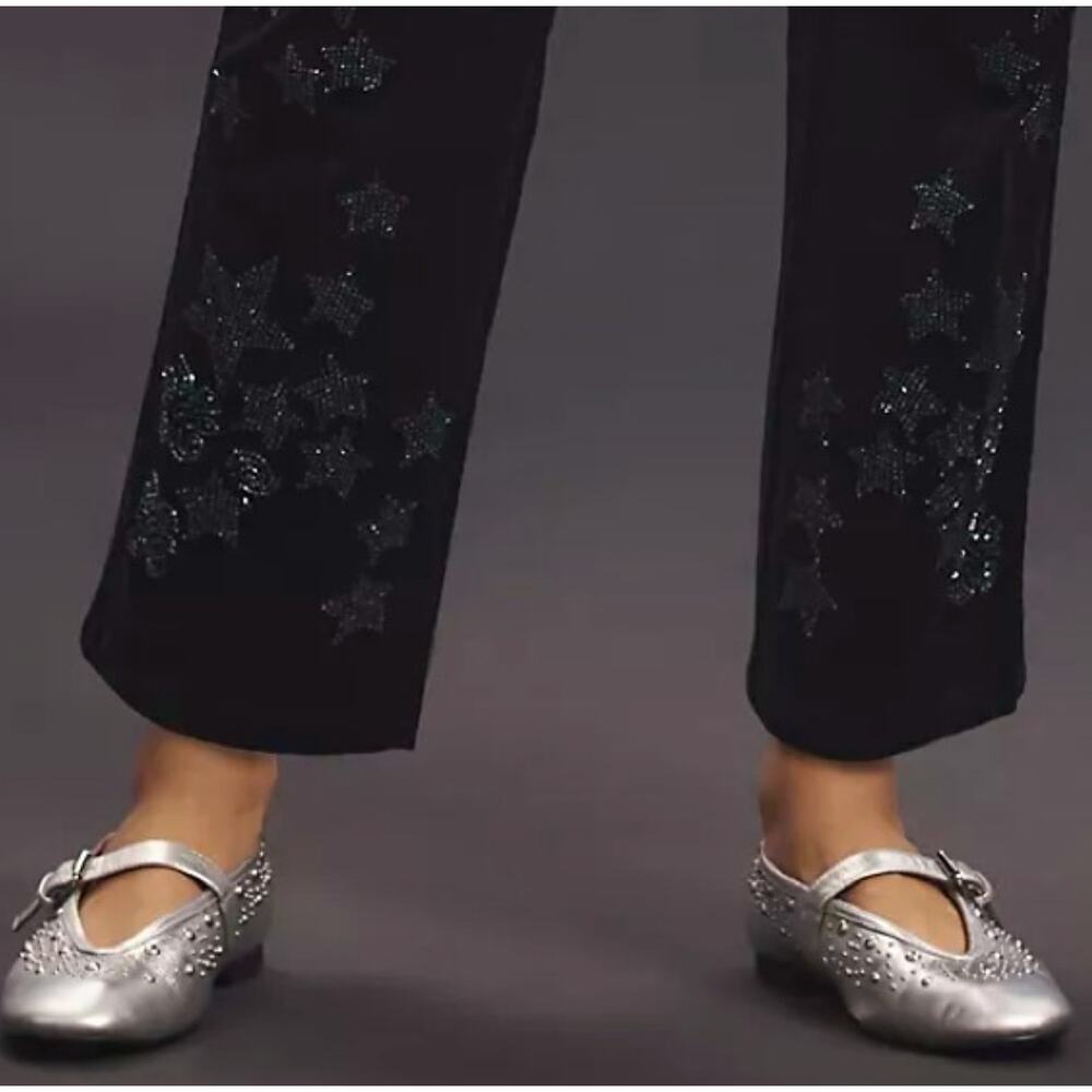 Anthropologie Pilcro The Wanderer Star Embellished Velvet Pants 26 Black Beaded - Picture 6 of 16